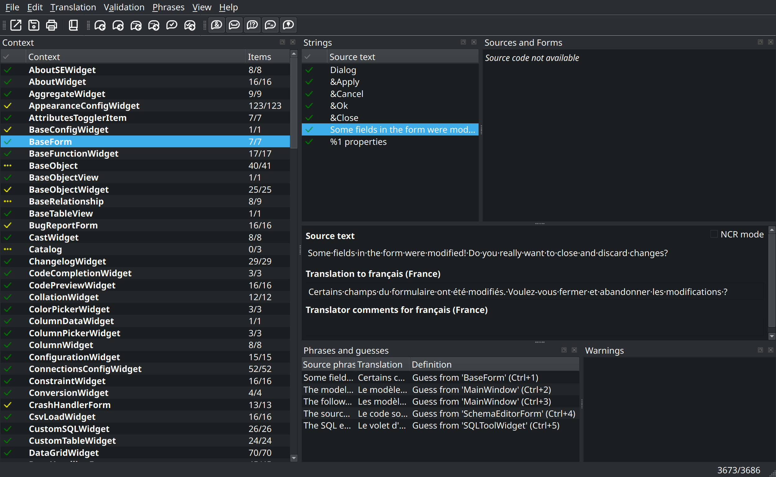 Click to enlarge Qt Linguist translating the French dictionary of pgModeler: contexts on the left, strings in the center, and the source text and its translation below