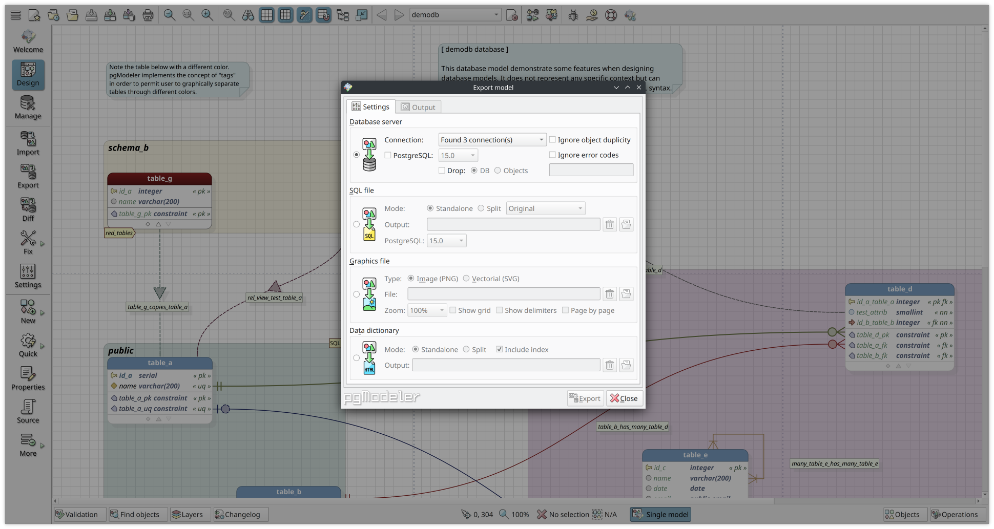 Exporting is not a problem! Choose between SQL, PNG, SVG and HTML (Data dictionary).