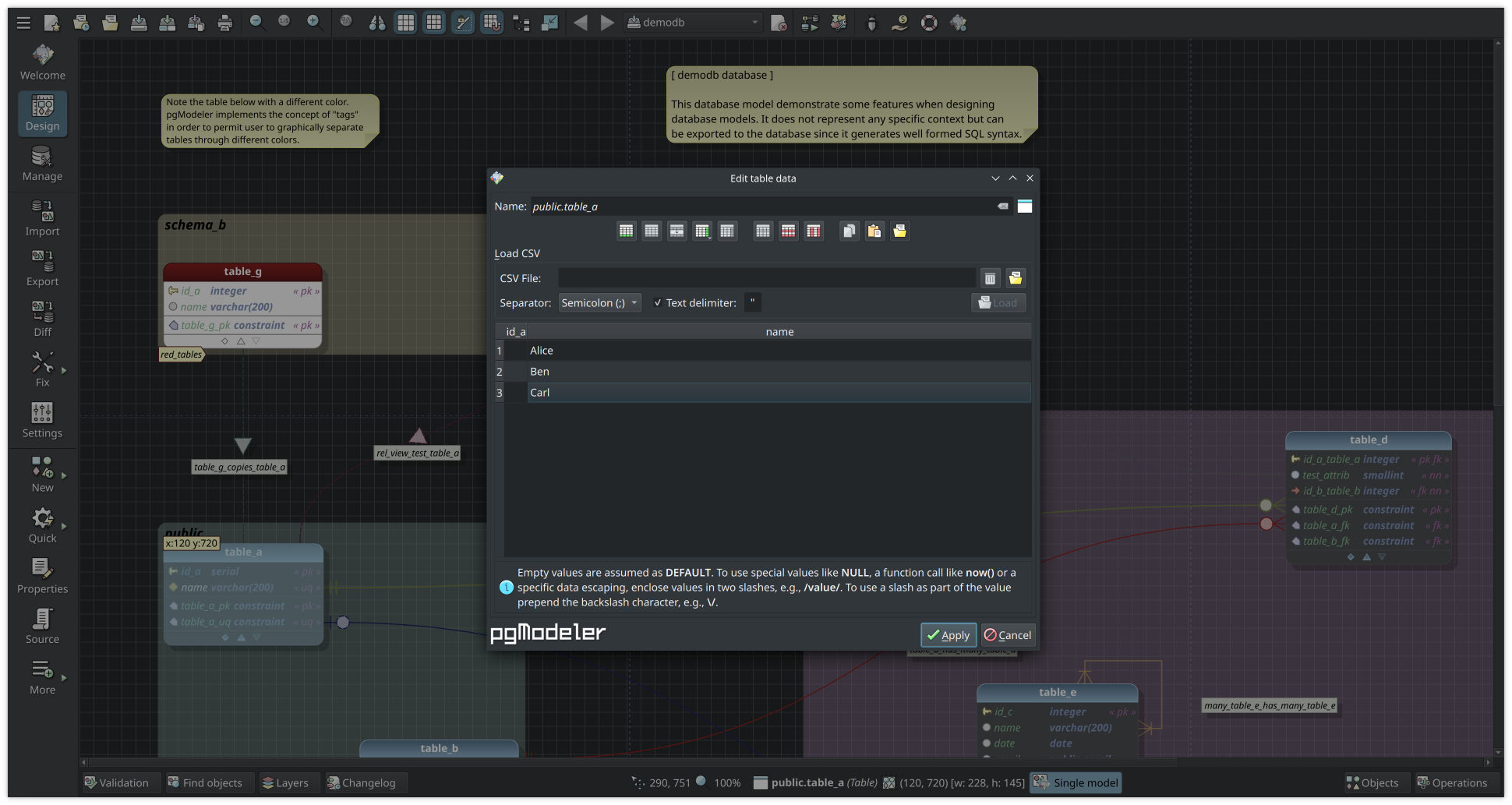 Need to populate a table after its creation? Do it easily via the data editing dialog.