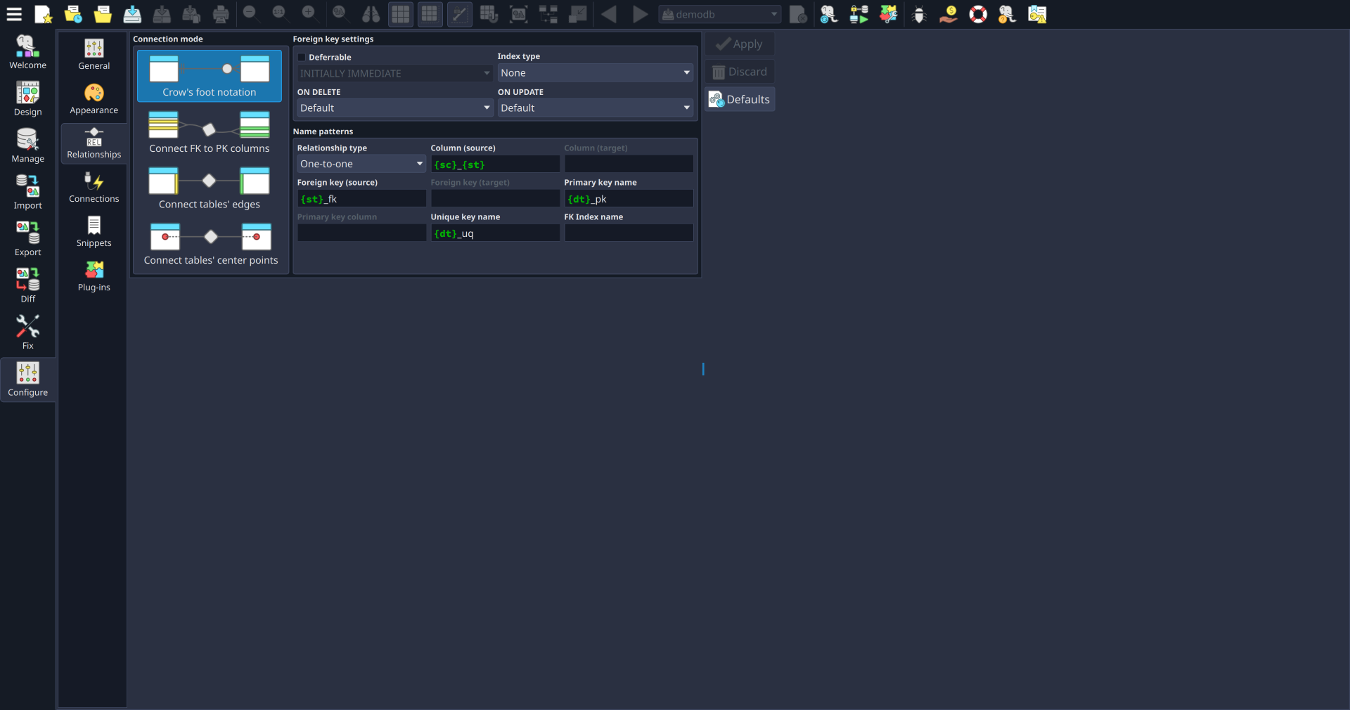 Change the relationships connection mode and name generation patterns.