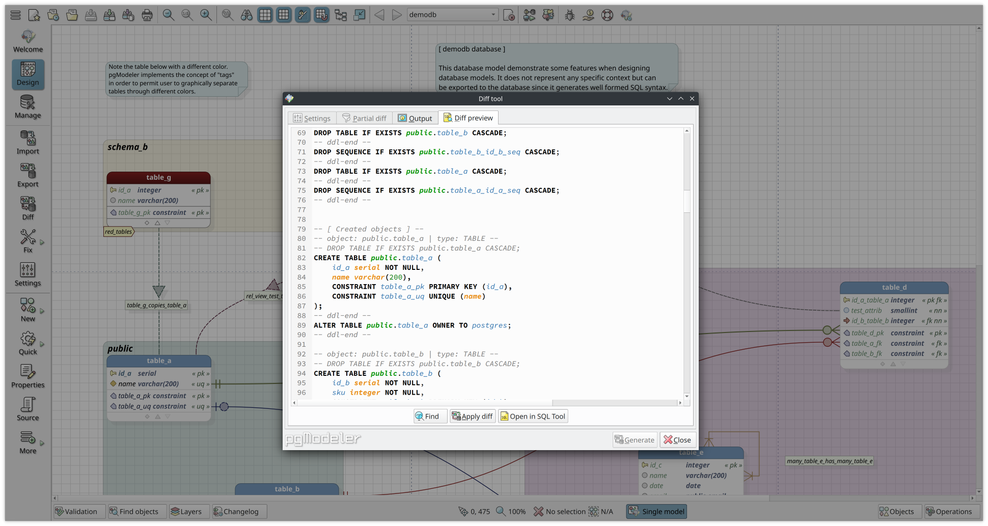 Preview what will change in your database prior to applying the diff code.