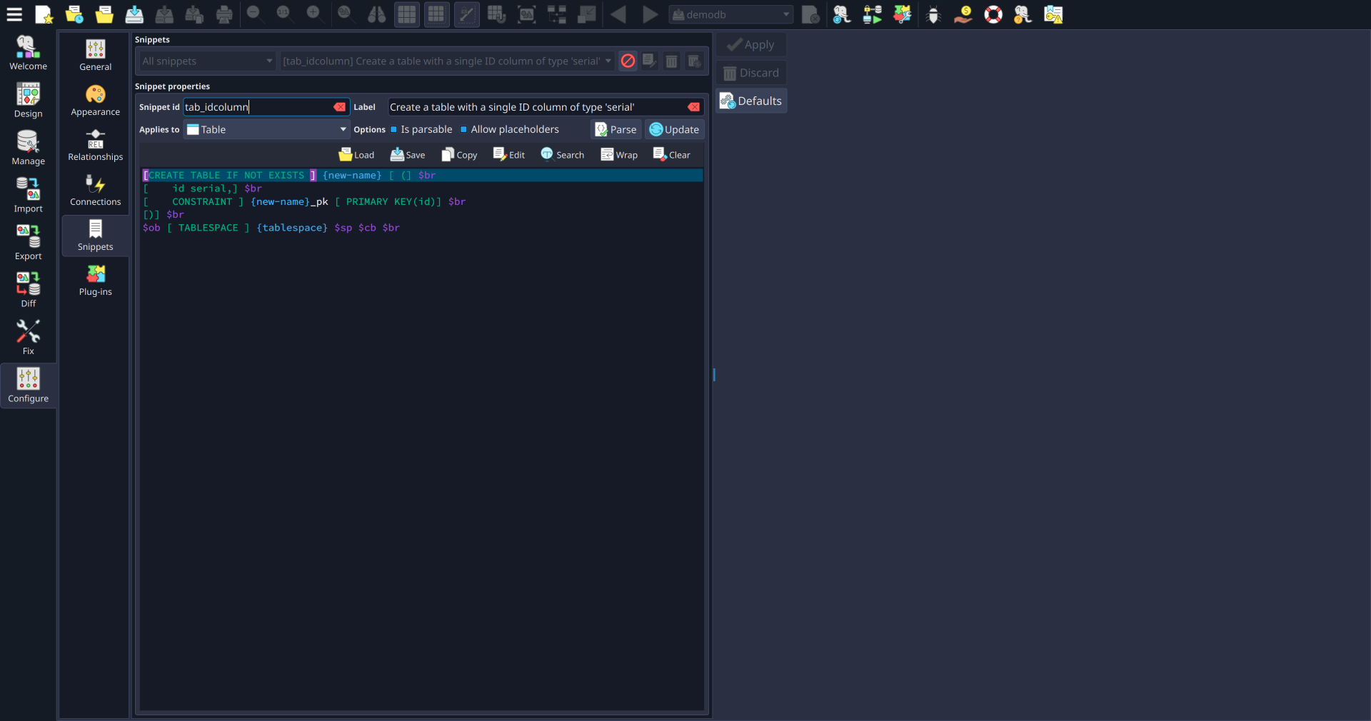 Create code snippets to use when typing commands in Manage view.