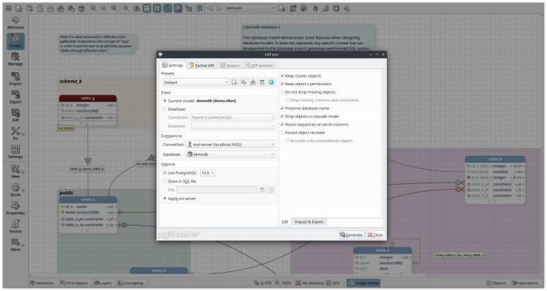 Keep synchronized both model and database with the diff tool.