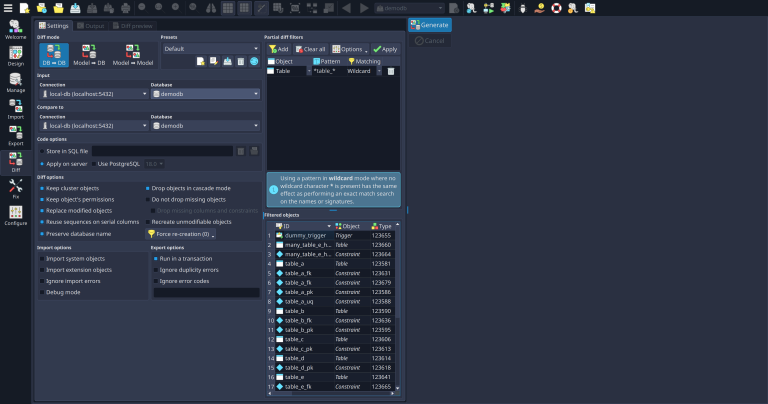 Keep synchronized both model and database with the diff tool.